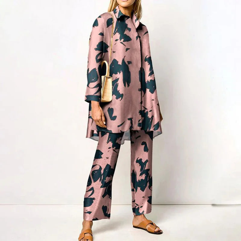 Elegant Loungewear Print 2PCS Ladies Suit Long Sleeve Wide Leg Pants Set