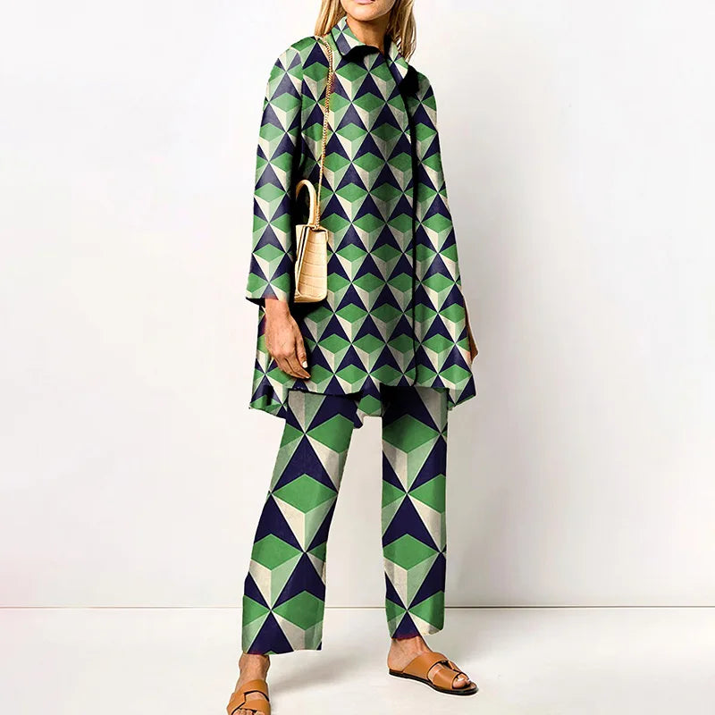Elegant Loungewear Print 2PCS Ladies Suit Long Sleeve Wide Leg Pants Set