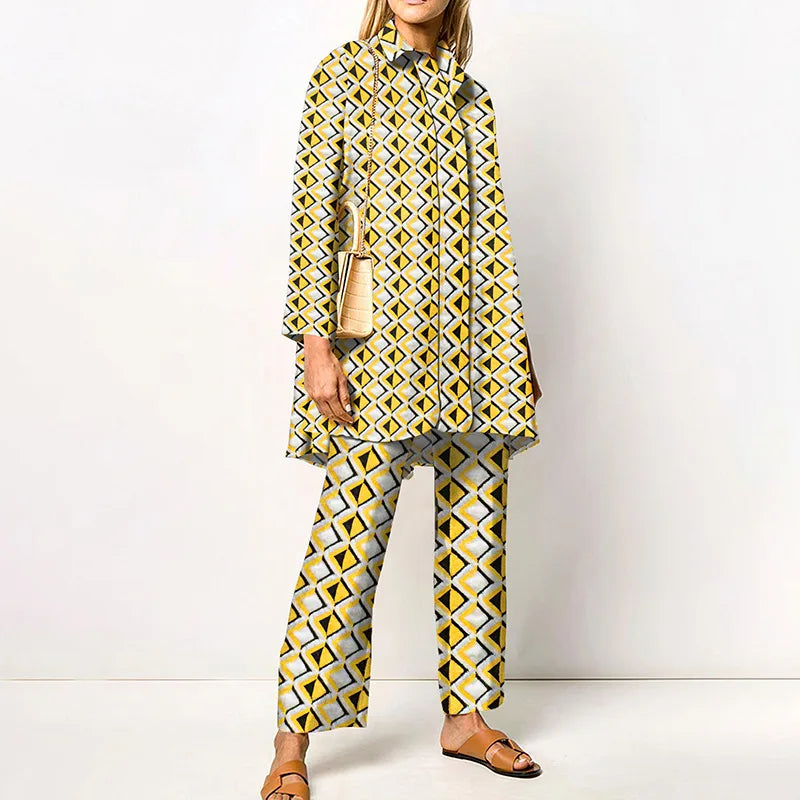 Elegant Loungewear Print 2PCS Ladies Suit Long Sleeve Wide Leg Pants Set