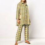 Elegant Loungewear Print 2PCS Ladies Suit Long Sleeve Wide Leg Pants Set