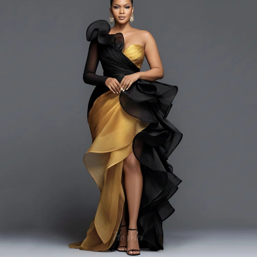 Vintage One Shoulder Contrast Color Split Gown