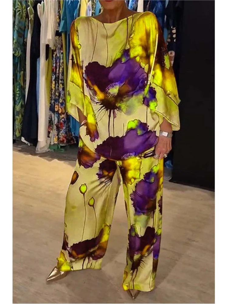 Satin Two Piece Sexy Top+Wide Leg Long Pants Outfits