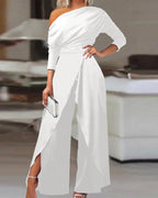 Cold Shoulder Split Hem Wide Leg Jumpsuit