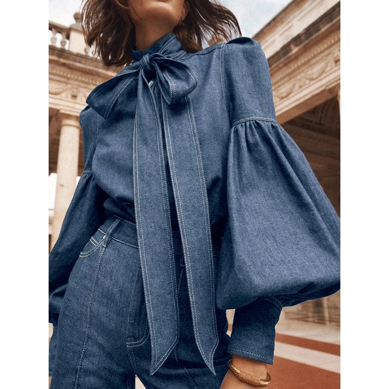Puff Sleeves Bow-Embellished High Neck Denim Shirts
