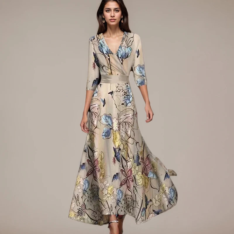 Fashion Colorful Print Wrap Party Dress Robe