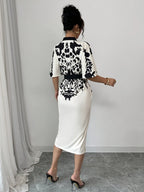 Half Sleeves V-Neck Tied Waist Flower Printed Evening Midi Dresses