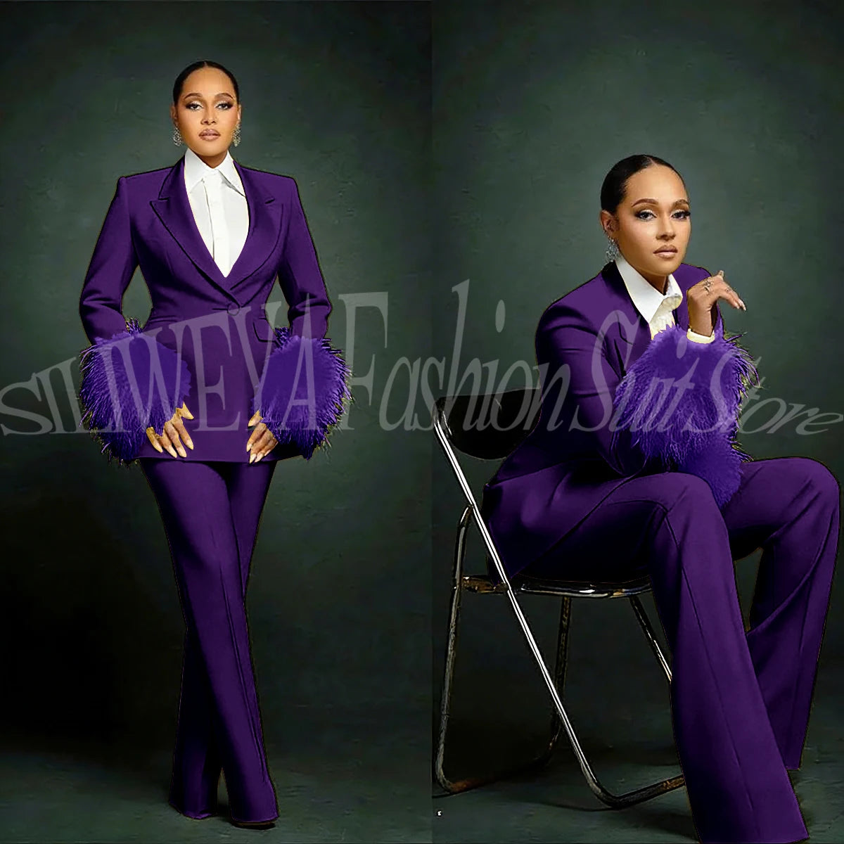 Luxury Feather Applique Single Breasted 2 Pieces Female Suit (Blazer+Pants)