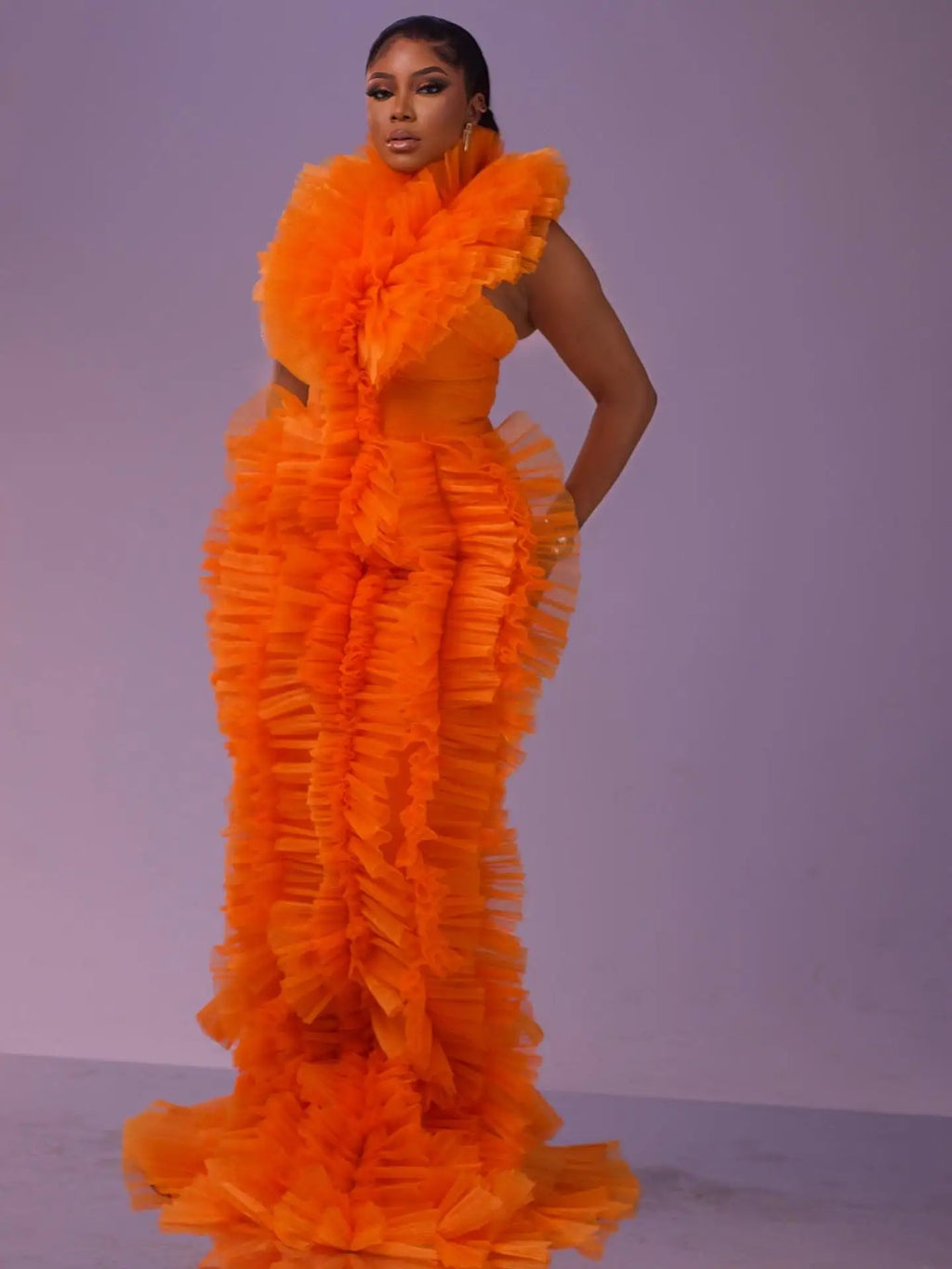 Stunning Orange Ruffle Tulle Evening Pleated Tiered Formal Gown