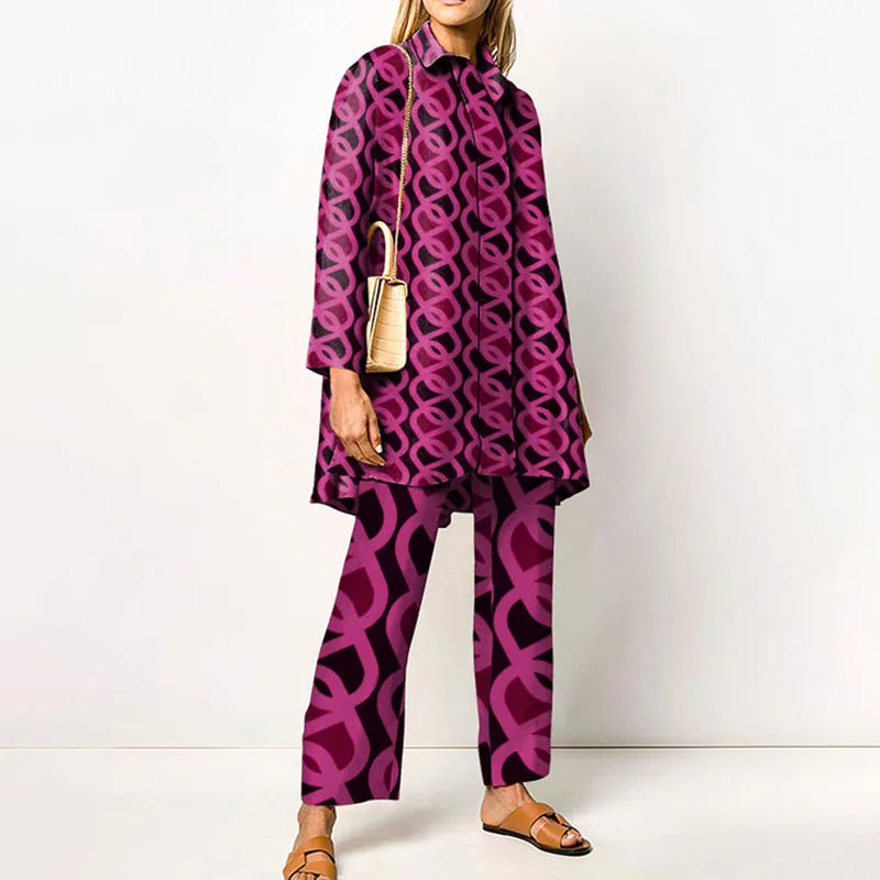 Elegant Loungewear Print 2PCS Ladies Suit Long Sleeve Wide Leg Pants Set
