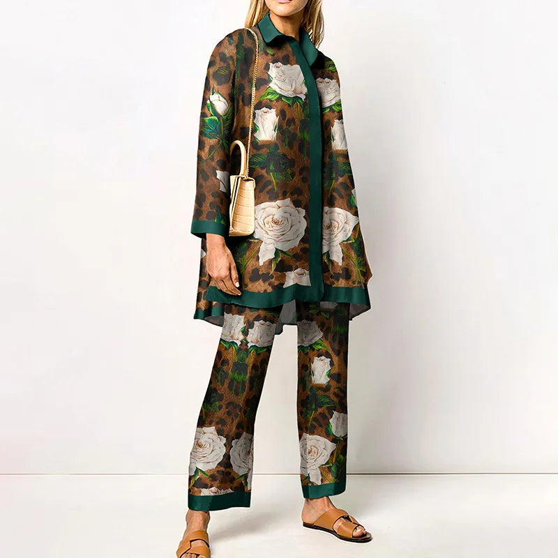 Elegant Loungewear Print 2PCS Ladies Suit Long Sleeve Wide Leg Pants Set