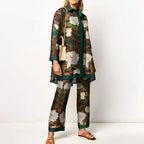 Elegant Loungewear Print 2PCS Ladies Suit Long Sleeve Wide Leg Pants Set