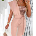 Cut-out Design Belt Decoration V-neck Fashion Sequin One-shoulder Bodysuit
