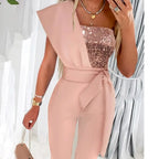 Cut-out Design Belt Decoration V-neck Fashion Sequin One-shoulder Bodysuit