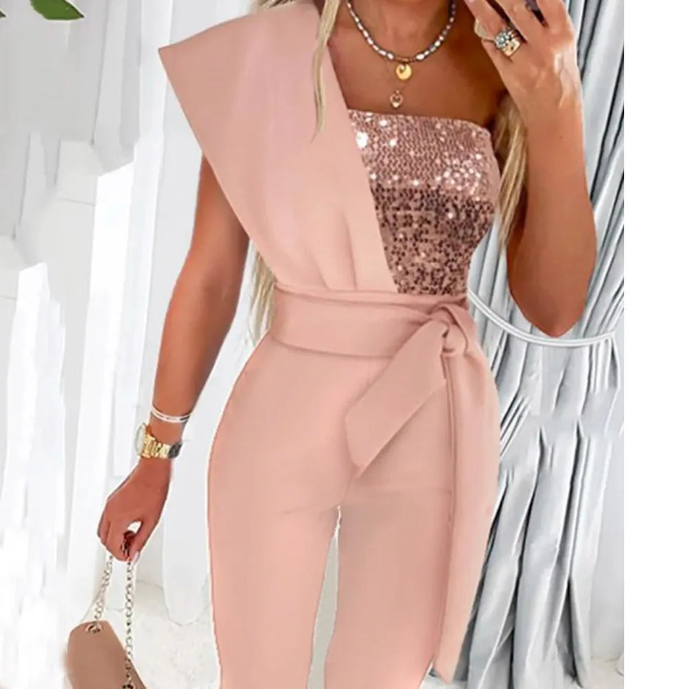 Cut-out Design Belt Decoration V-neck Fashion Sequin One-shoulder Bodysuit