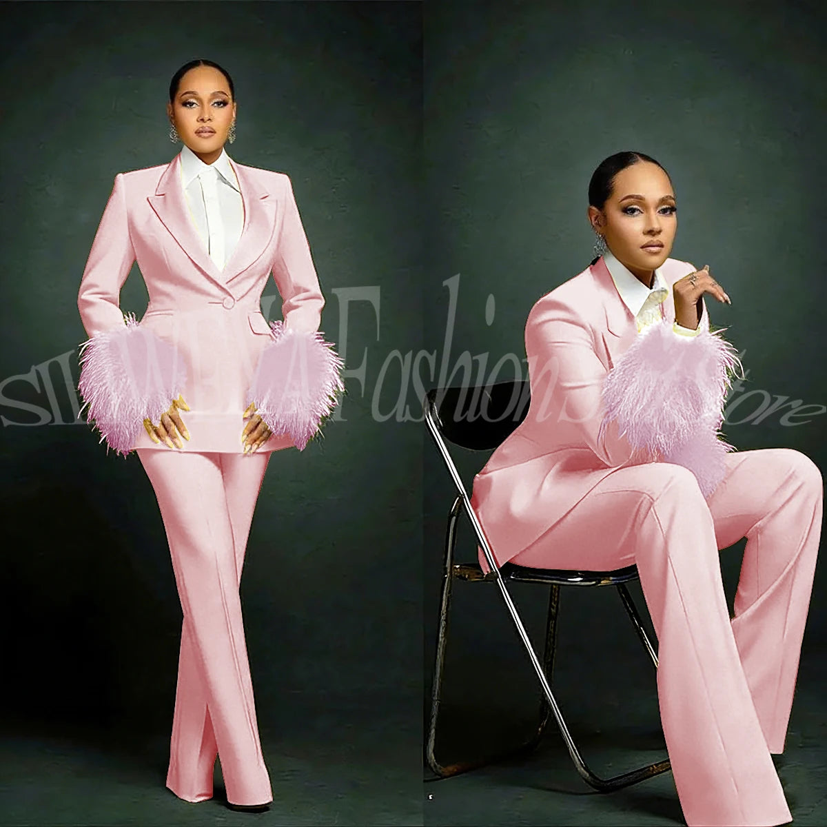 Luxury Feather Applique Single Breasted 2 Pieces Female Suit (Blazer+Pants)