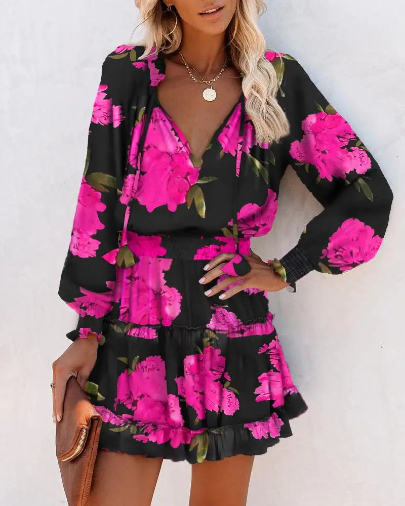 Colorful Floral Printed Drawstring Ruffle Miniskirt Robe