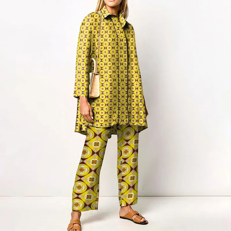 Elegant Loungewear Print 2PCS Ladies Suit Long Sleeve Wide Leg Pants Set