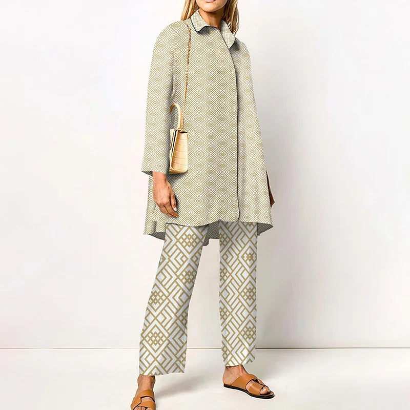 Elegant Loungewear Print 2PCS Ladies Suit Long Sleeve Wide Leg Pants Set