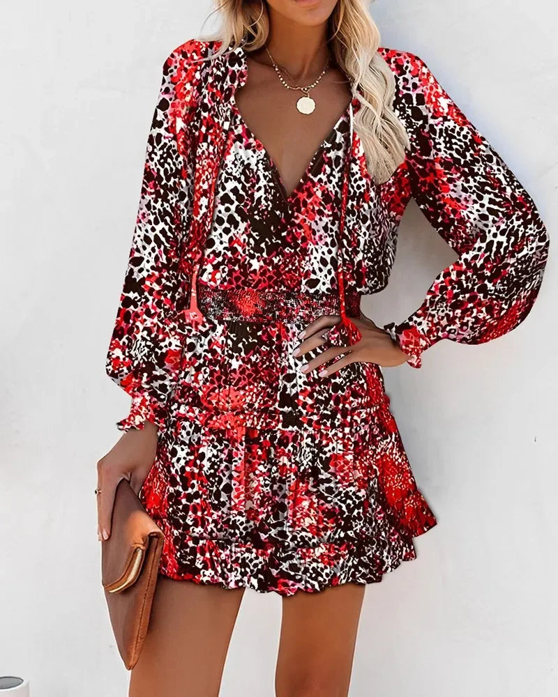 Colorful Floral Printed Drawstring Ruffle Miniskirt Robe