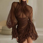 Fashion High Collar Draped Ruffle Mini Dress