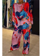 Satin Two Piece Sexy Top+Wide Leg Long Pants Outfits