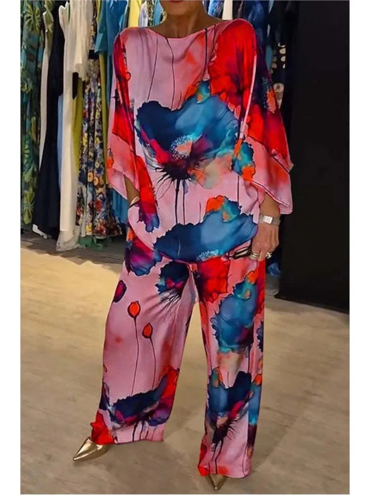 Satin Two Piece Sexy Top+Wide Leg Long Pants Outfits