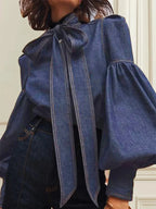 Puff Sleeves Bow-Embellished High Neck Denim Shirts