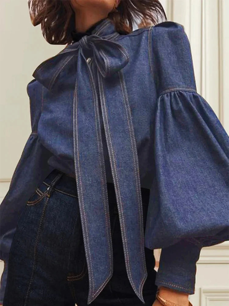 Puff Sleeves Bow-Embellished High Neck Denim Shirts