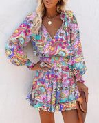 Colorful Floral Printed Drawstring Ruffle Miniskirt Robe