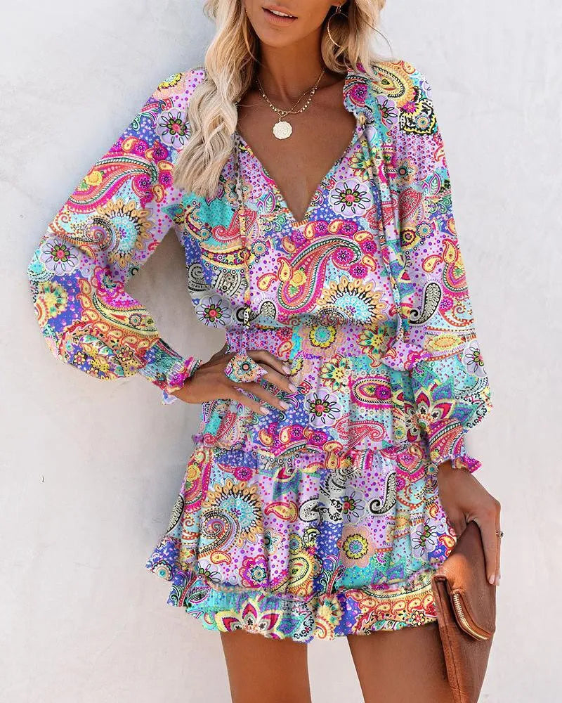 Colorful Floral Printed Drawstring Ruffle Miniskirt Robe