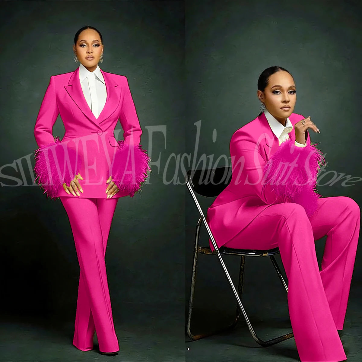 Luxury Feather Applique Single Breasted 2 Pieces Female Suit (Blazer+Pants)