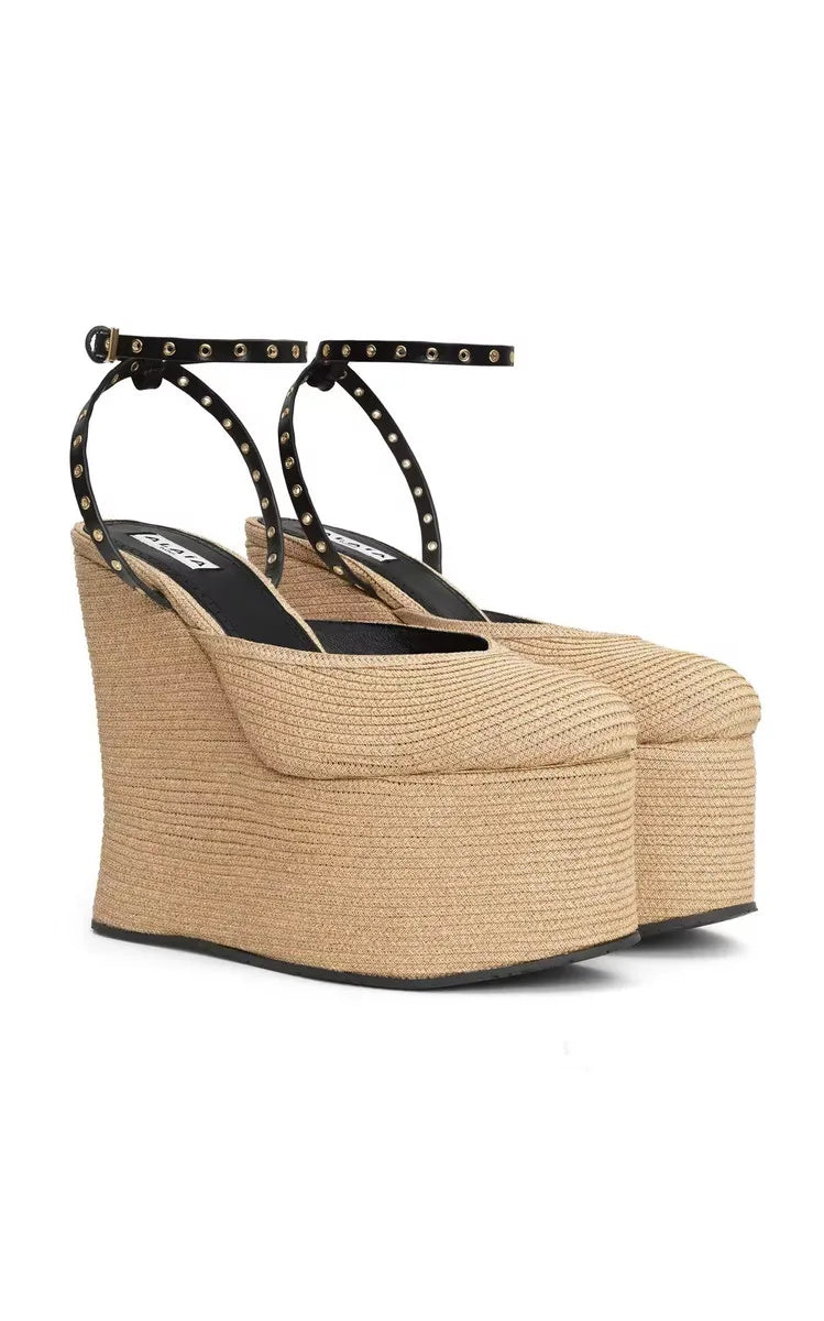 Grass Woven Wedge Heel Thick Soled High Heels Sandals