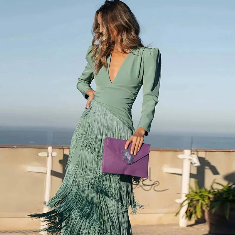 V Neckline Pleated Bohemian Dress