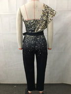 Cut-out Design Belt Decoration V-neck Fashion Sequin One-shoulder Bodysuit
