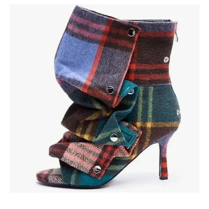 Plaid Pleated Mid Leg Fish Mouth Cool Boots