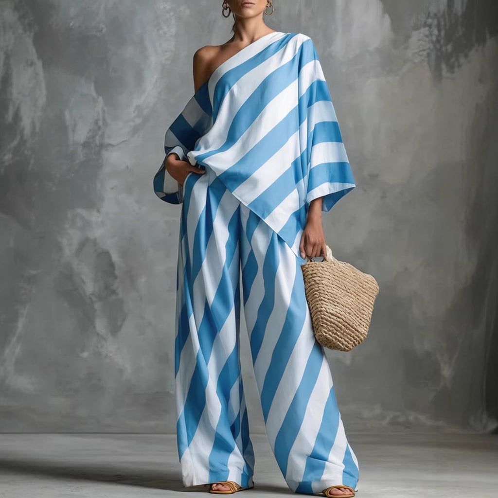 Retro Striped Batwing Top & Wide-Leg Pants Set – Vintage 2-Piece
