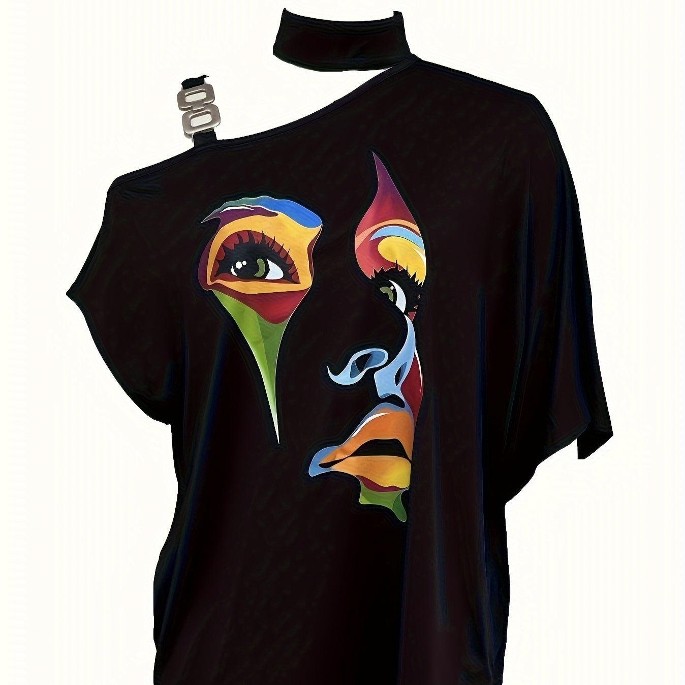 One-Shoulder Abstract Face Printed T-Shirt