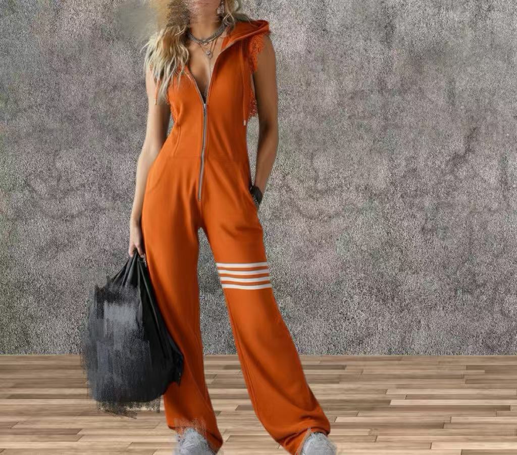 Sporty Retro Lace-Up Striped Sleeveless Hooded Jumpsuit – Wide Flare Leg