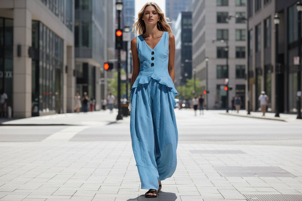 Ruffled Tank Top & Draping Wide-Leg Pants Set