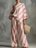Retro Striped Batwing Top & Wide-Leg Pants Set – Vintage 2-Piece