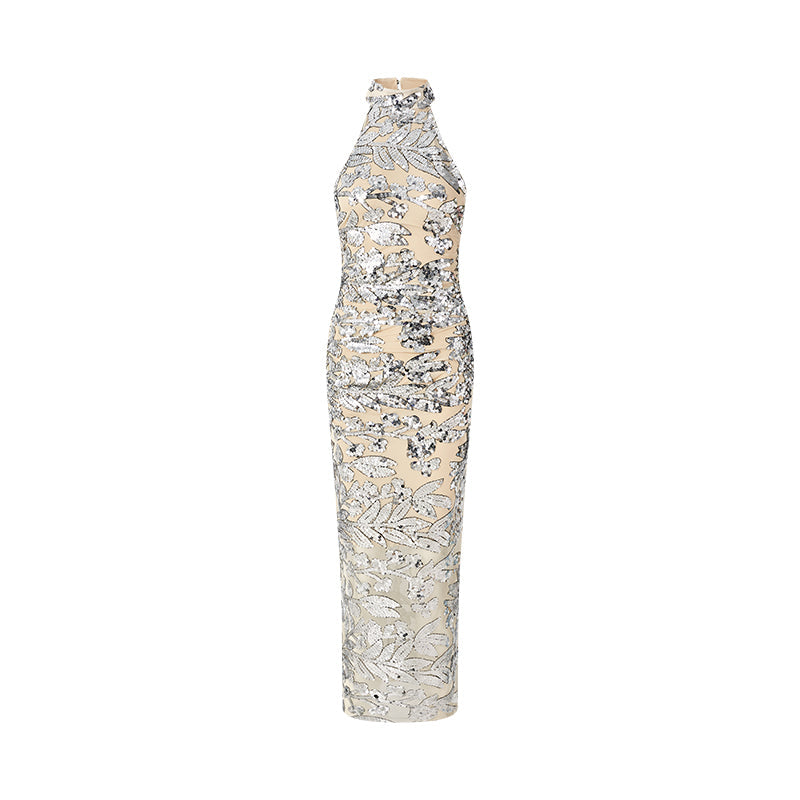 Sequined Bling Mesh Halter Maxi Dress