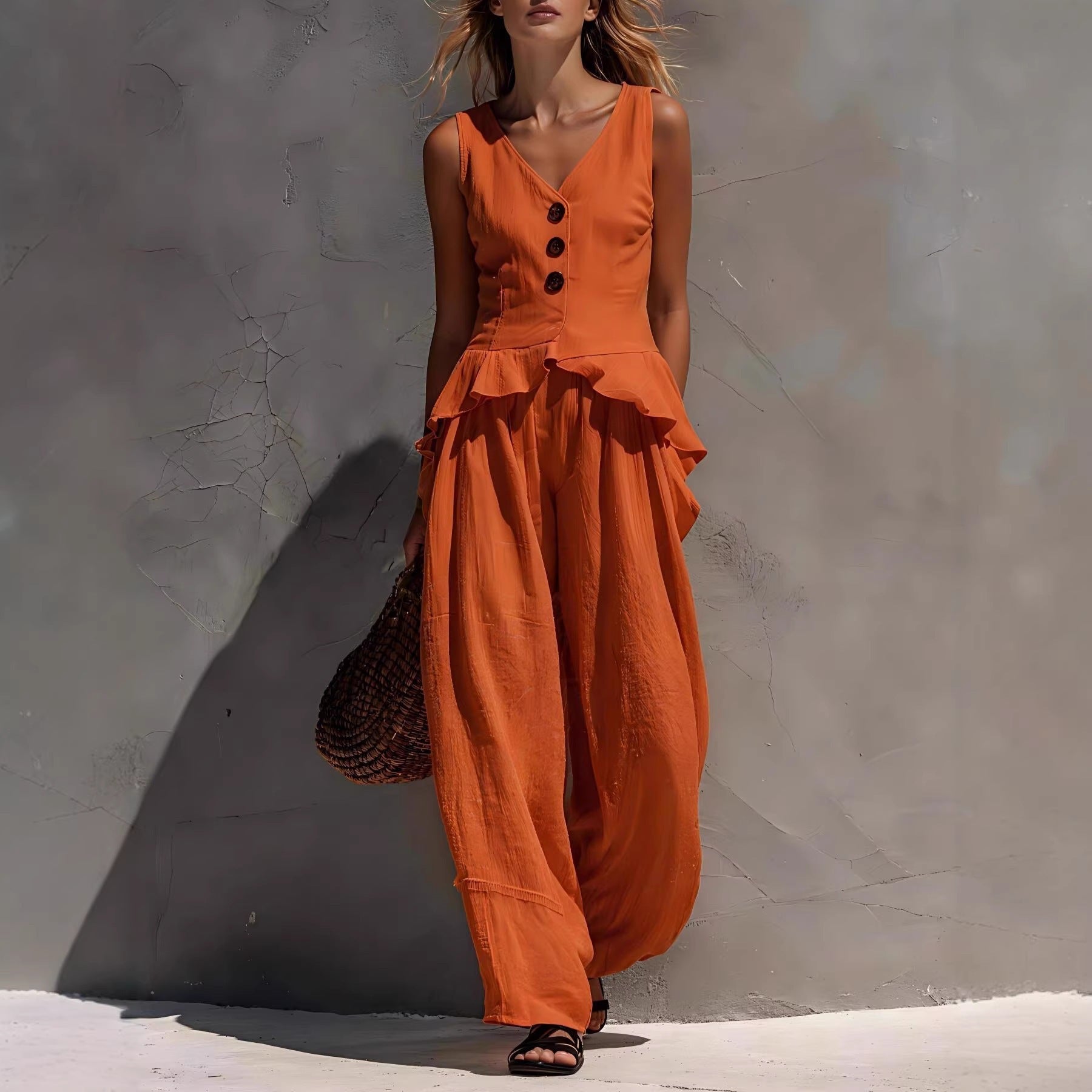 Ruffled Tank Top & Draping Wide-Leg Pants Set
