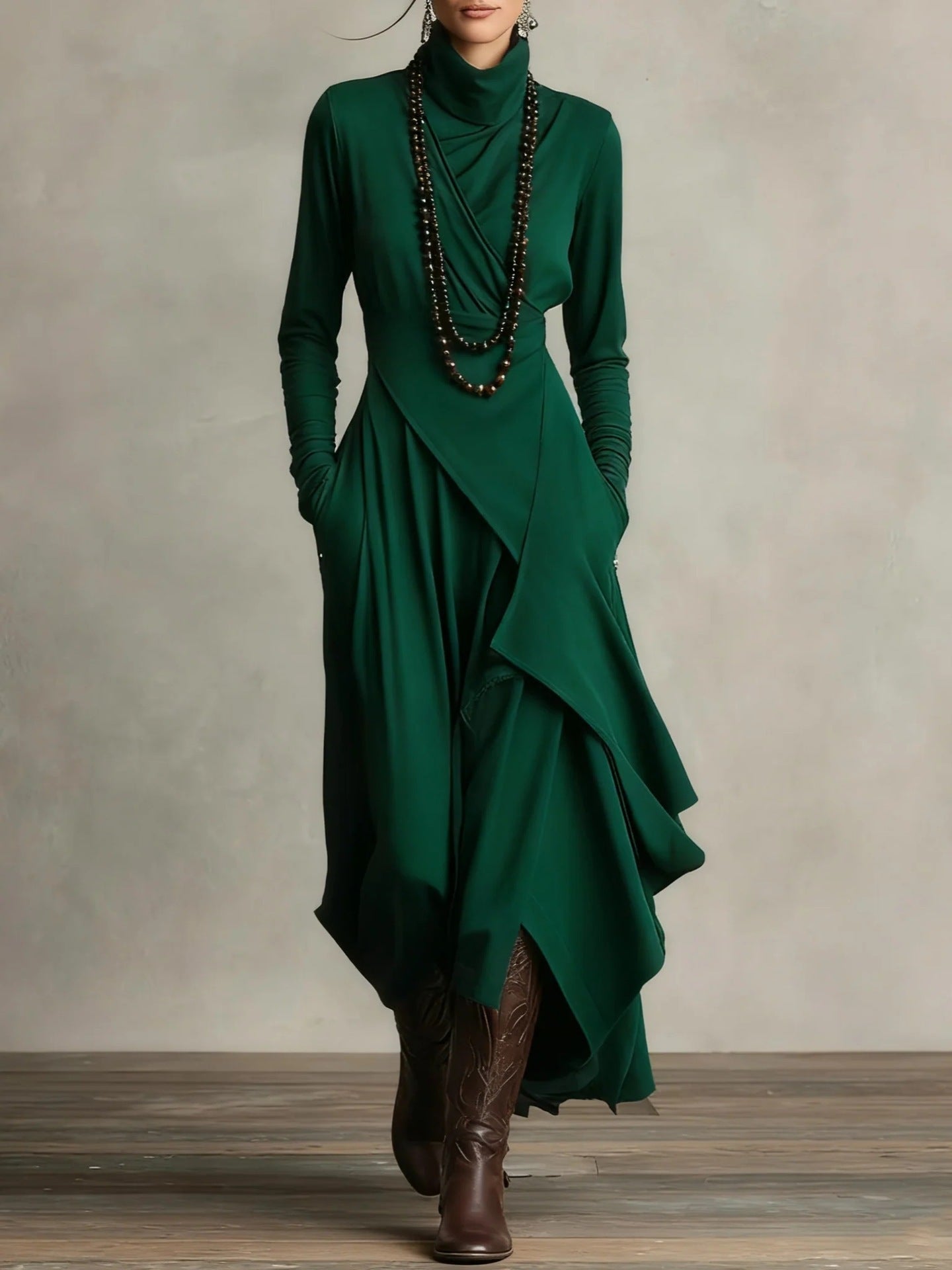 Cross-Wrap High-Neck Long-Sleeve Maxi Dress