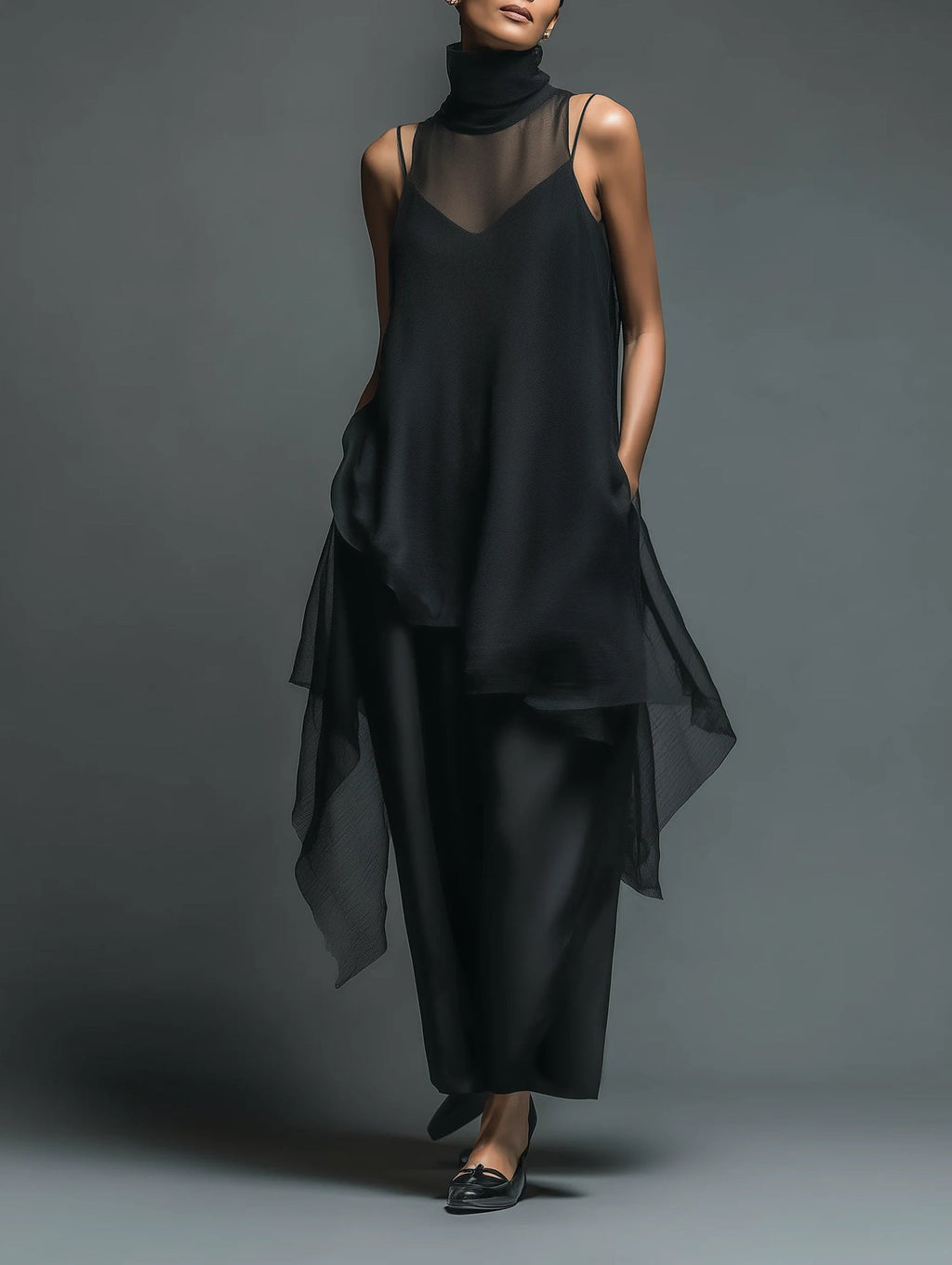 High-neck Asymmetrical Black Slip Chiffon Two-piece Set