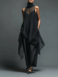 High-neck Asymmetrical Black Slip Chiffon Two-piece Set