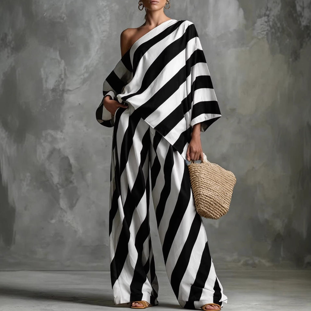 Retro Striped Batwing Top & Wide-Leg Pants Set – Vintage 2-Piece