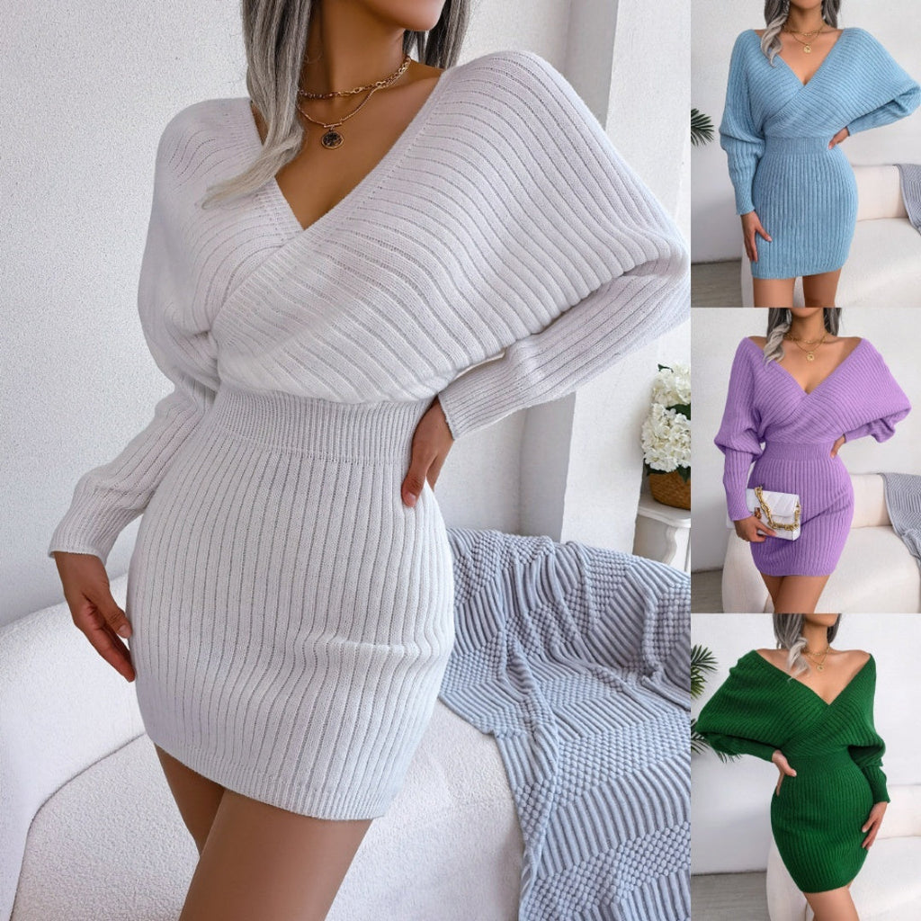 Cross V-Neck Bat-Sleeve  Dress