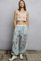 POL U-Neck Cropped Crochet Cami with Floral Embroidery Detail