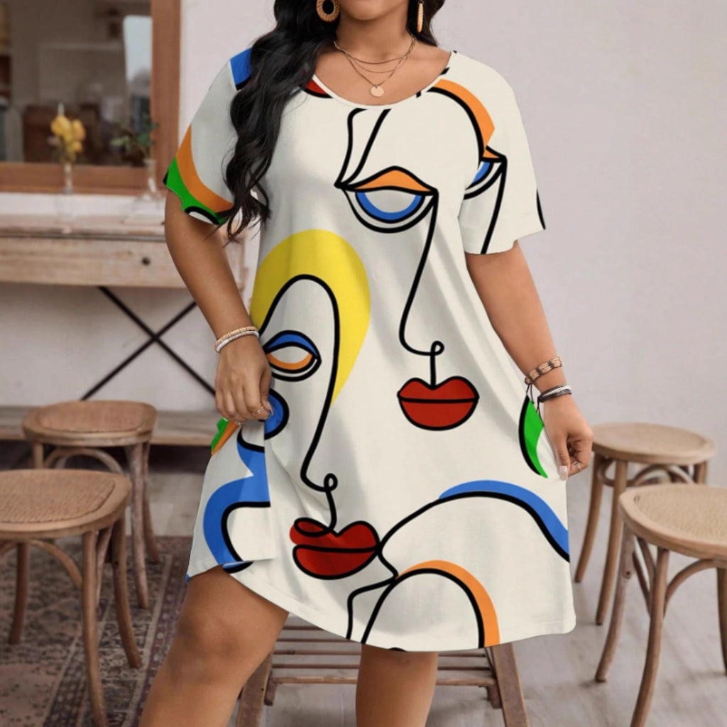 Whimsical Printed Round Neck Short Sleeve Dress