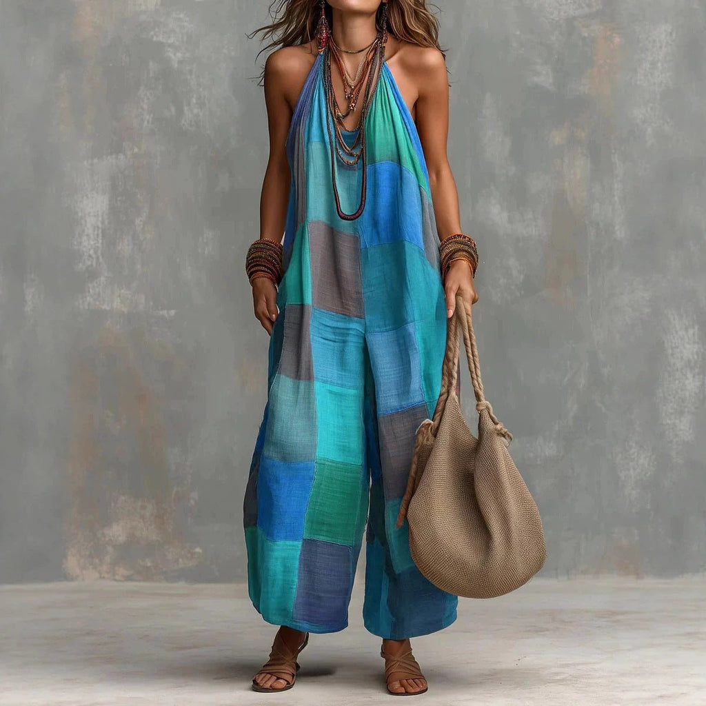 Plaid Print Jumpsuit – Sleeveless, Wide-Leg, Suspender Style
